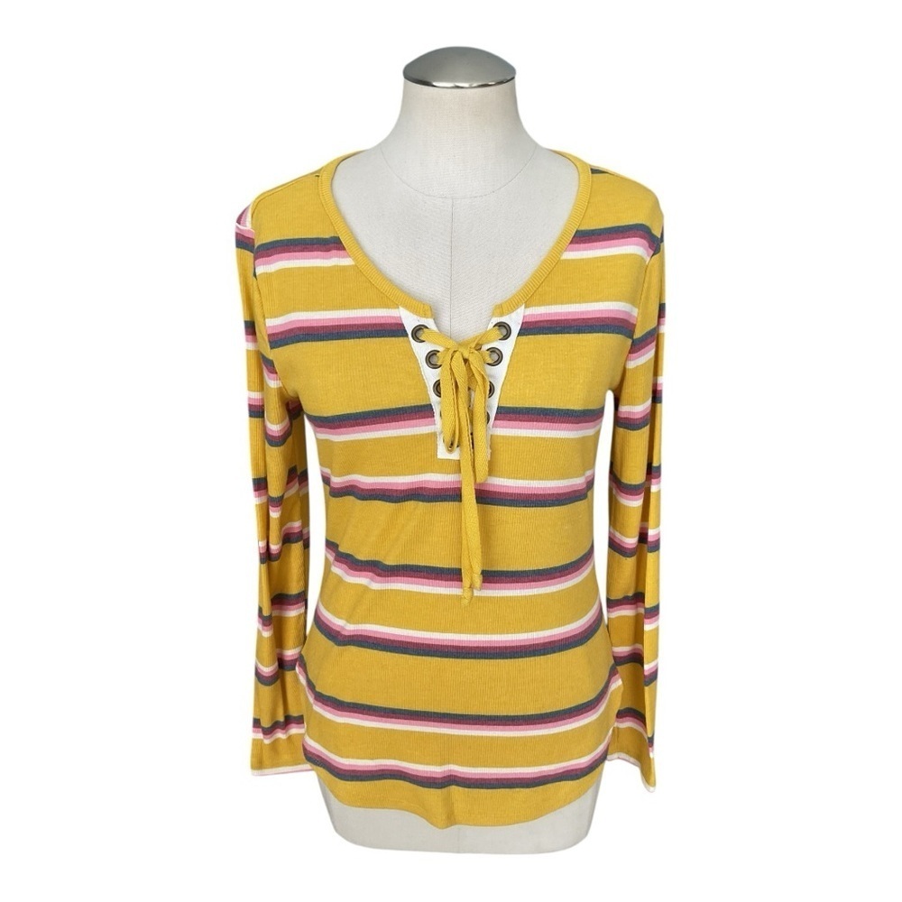 No Boundaries Mustard Striped Lace Up Top Juniors L 11/13 Long Sleeve Retro Tee